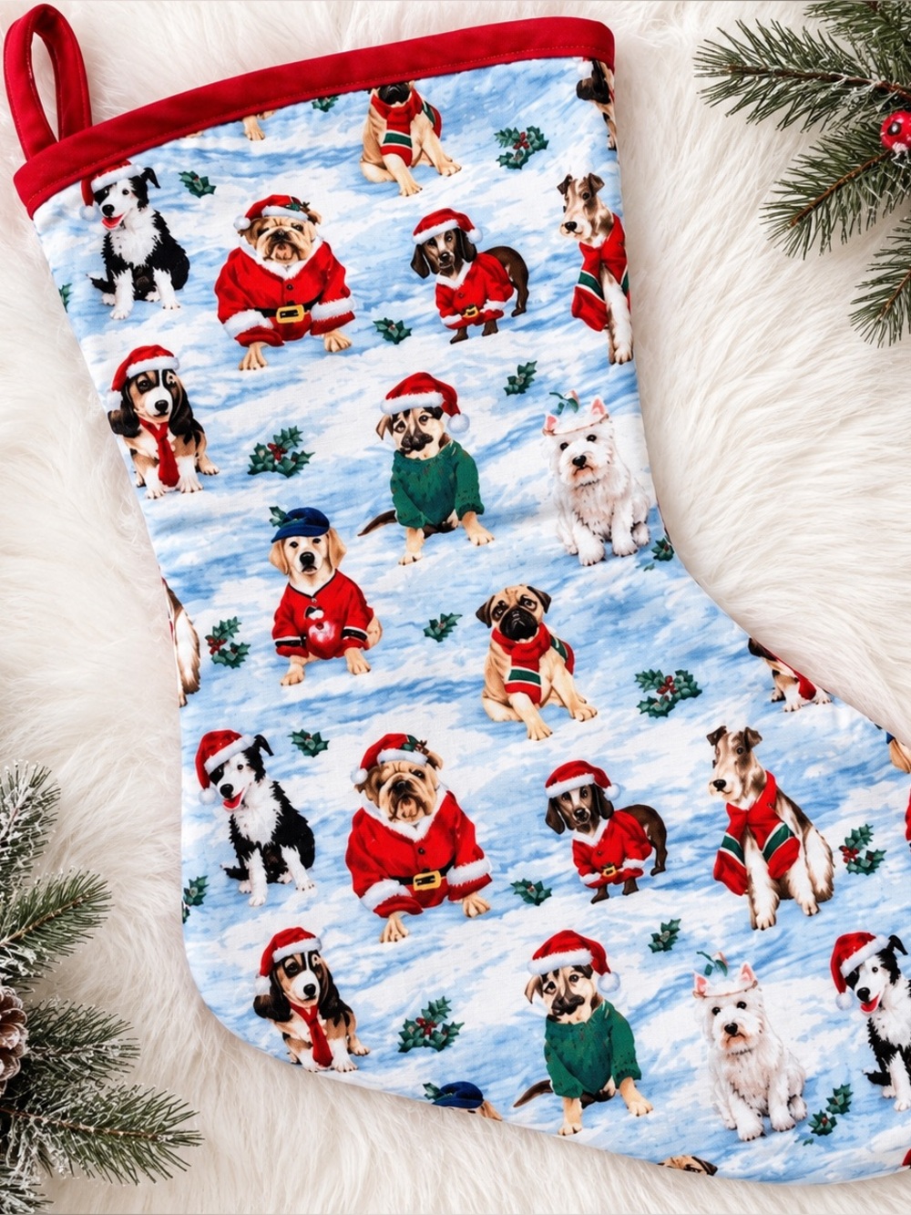 Christmas Dog Stocking 14” Santa Dogs Pet Lover Holiday Mantel Decor